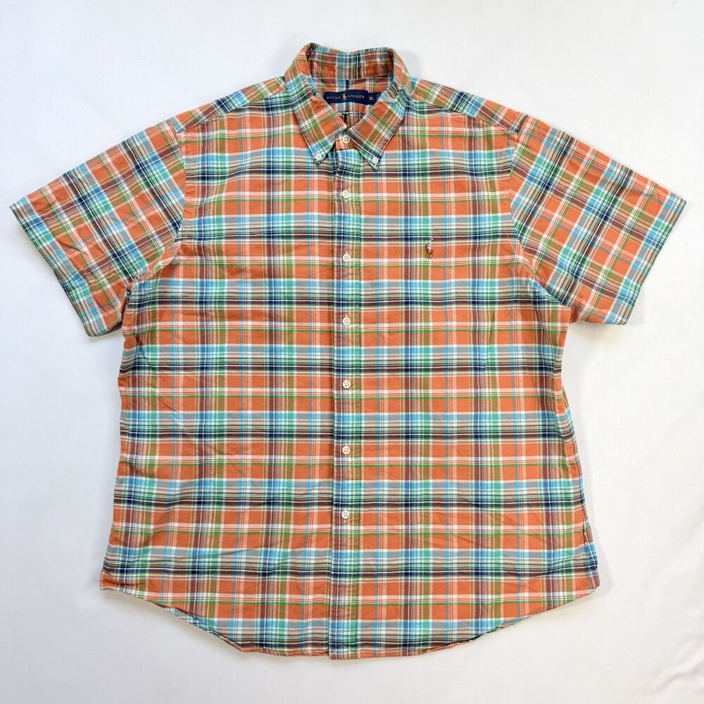 Polo Ralph Lauren Blue Orange Plaid Oxford Shirt Mens XL Flesh Pony Preppy